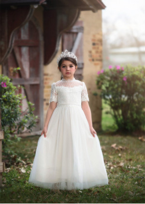 White Eyelash Lace Trimmed Flower Girl Dress